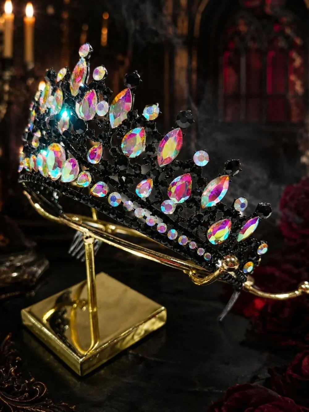 Gothic black crown, AB crystal comb crown, Dark princess tiara, Costume crown